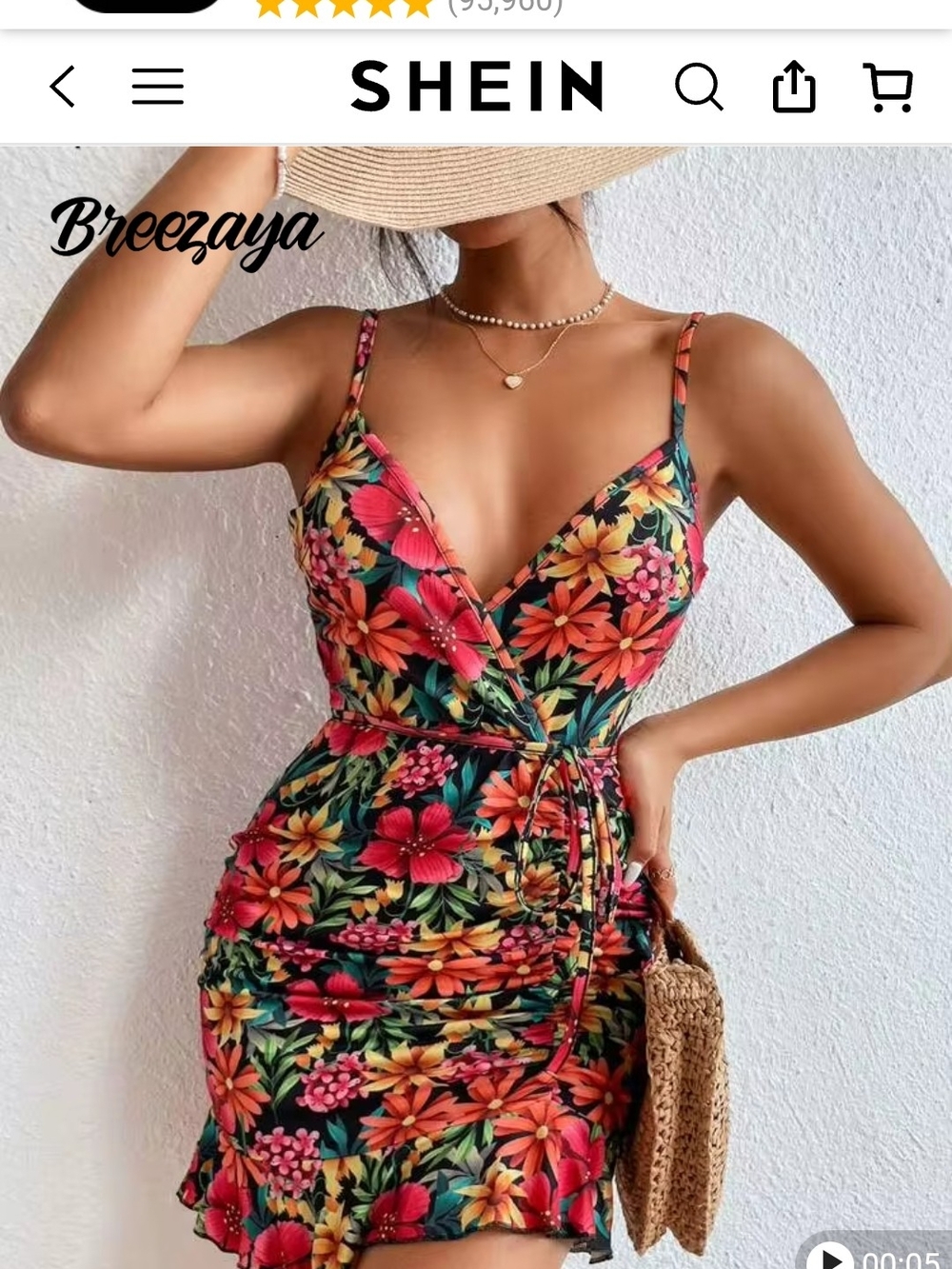 SHEIN Tropical Floral Wrap Mini Dress - Red Multi